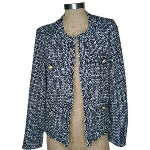 NANETTE LEPORE Tweed Jacket Womens Size 10 Black White Open Front Pockets